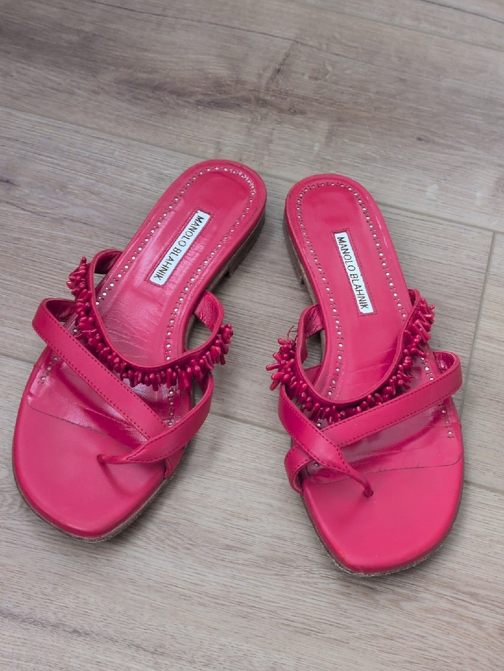 Manolo Blahnik Red Beaded Slide Sandals